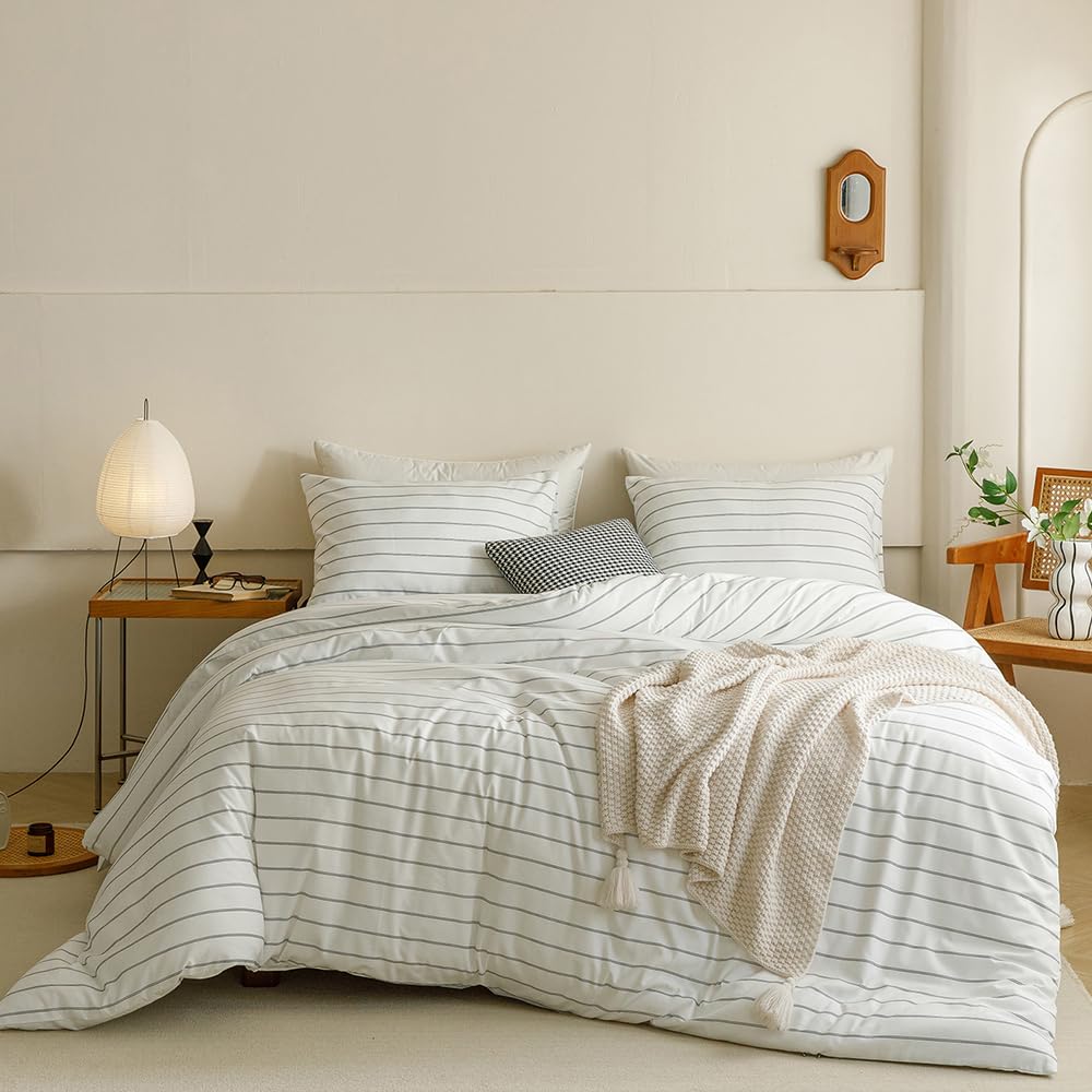 CLOTHKNOW Striped Duvet Cover Sets Queen White and Black Bedding Sets Farmhouse Bedding Duvet Cover Sets Soft Boho Bedding Queen