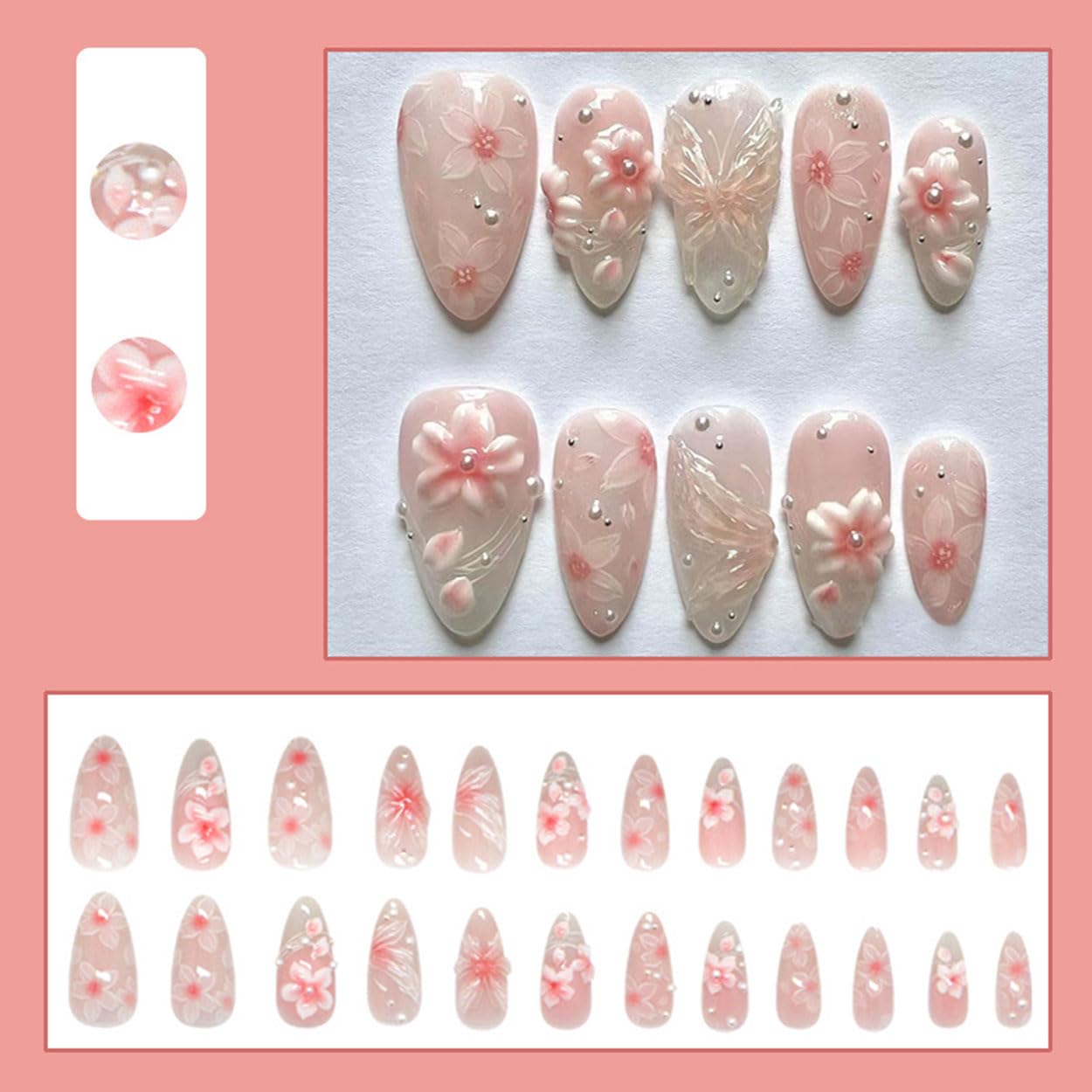 Press on Nails Almond Medium Pink Fake Nails French Tip False Nails Press ons with Flowers Design Glue on Nails Artificial Acrylic Nail Art Glossy Full Cover Stick on Nail Supplies for Women 24Pcs