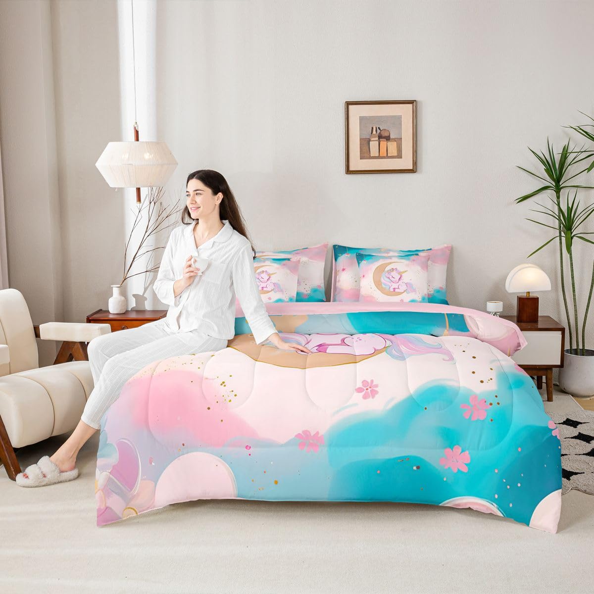 Erosebridal Pink Unicorn Bedding Set 7 Pieces Twin Size for Girls Kids Cute Rainbow Unicorn Comforter Set with Sheets Gradient Blue Pink Princess Bed in A Bag Dreamy Moon Bed Sets All Season