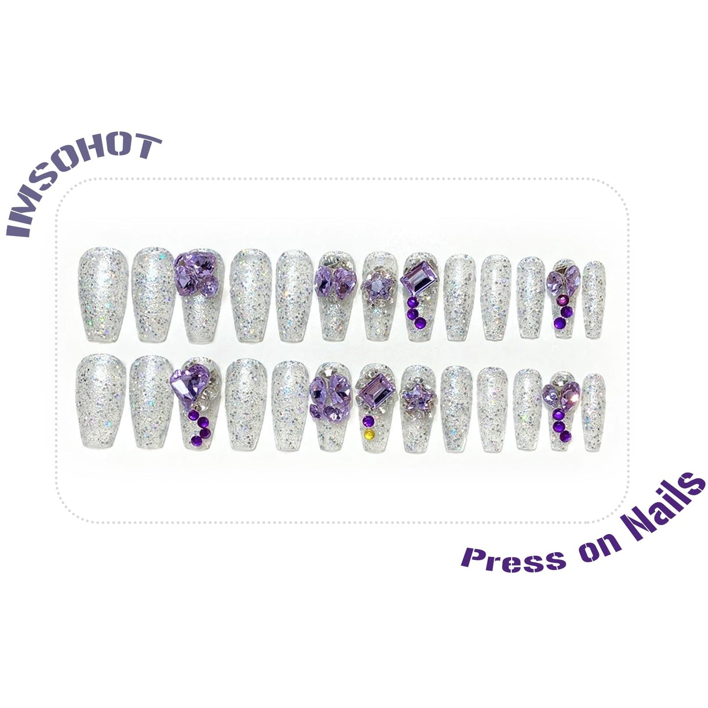 IMSOHOT Purple Press on Nails Long Coffin Fake Nails Glossy Acrylic False Nails with Bling Rhinestone Designs Glitter Glossy White Artificial Beallerina Handmade Reusable Stick on Nails