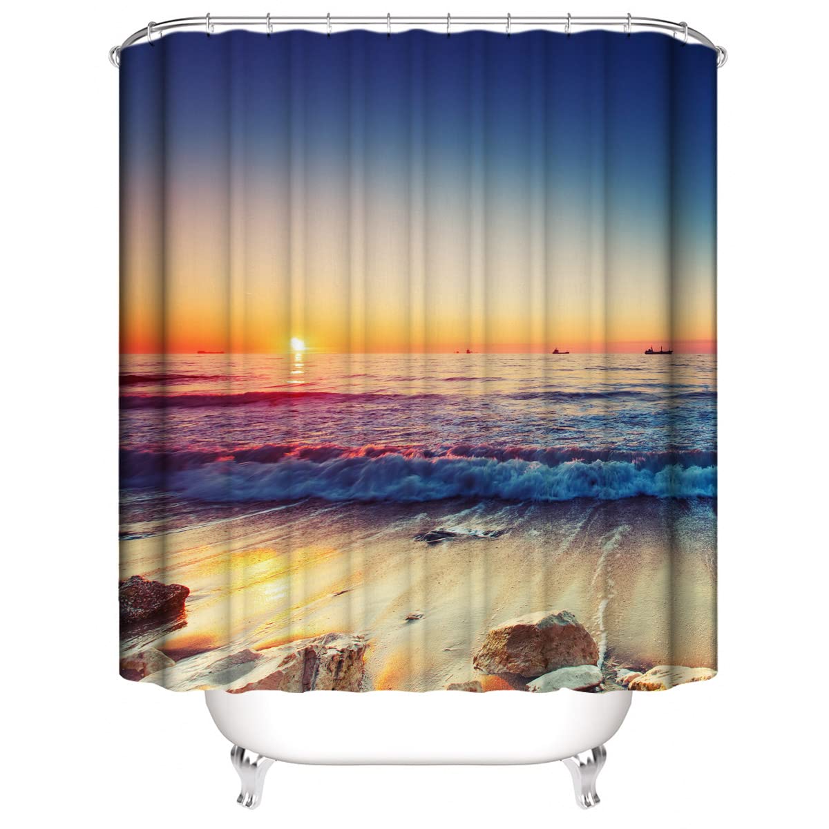 DDS-DUDES Beach Sunset Shower Curtain for Bathroom, Ocean Sunrise Red Blue Sky Scenery Waterproof Polyester Curtains with Hooks Non-Slip Mat 71WX71H Inch(Sunset 3)