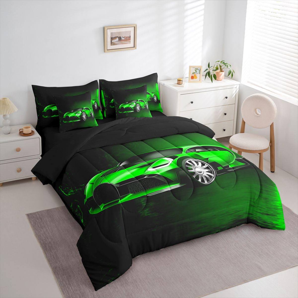 Feelyou Sports Car 7 Piece Bedding Set Green Race Car Comforter Set with Sheets for Kids Boys Girls Extreme Sports Theme Bed in a Bag Cool Speed Luxury Car Decor Bed Set with 2 Pillowcases Queen