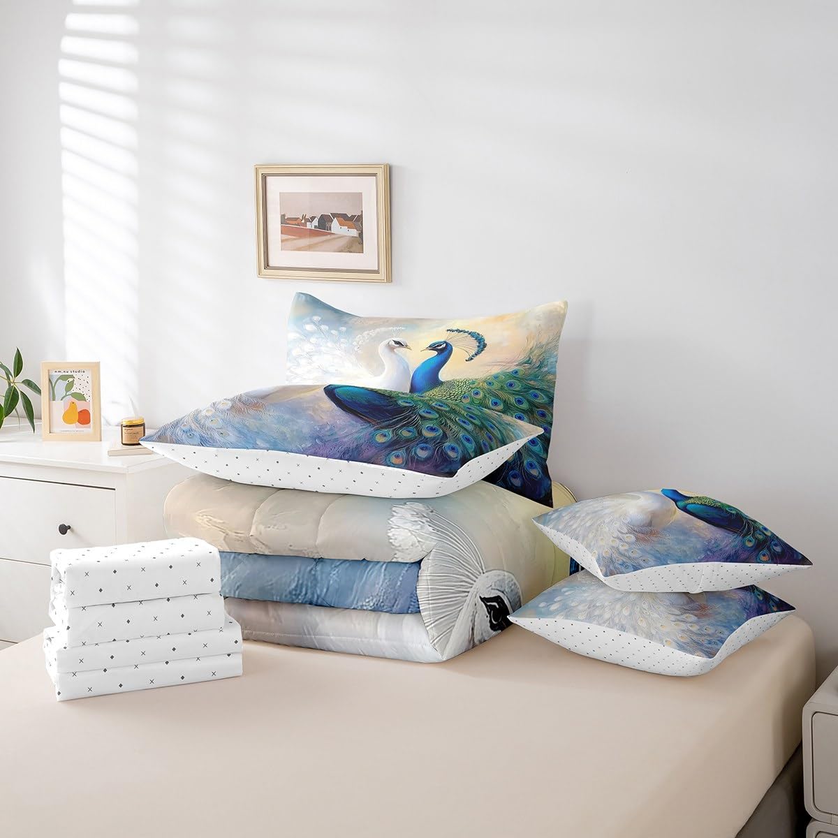 Erosebridal Peacock Couple Bedding Set for Kids Teens,Couple Lover Comforter Set King Size,Elegant Birds (Comforter+Fitted+Flat Sheet+2 Pillowcases+2 Throw Pillow Covers) 7 Pieces Bed Set