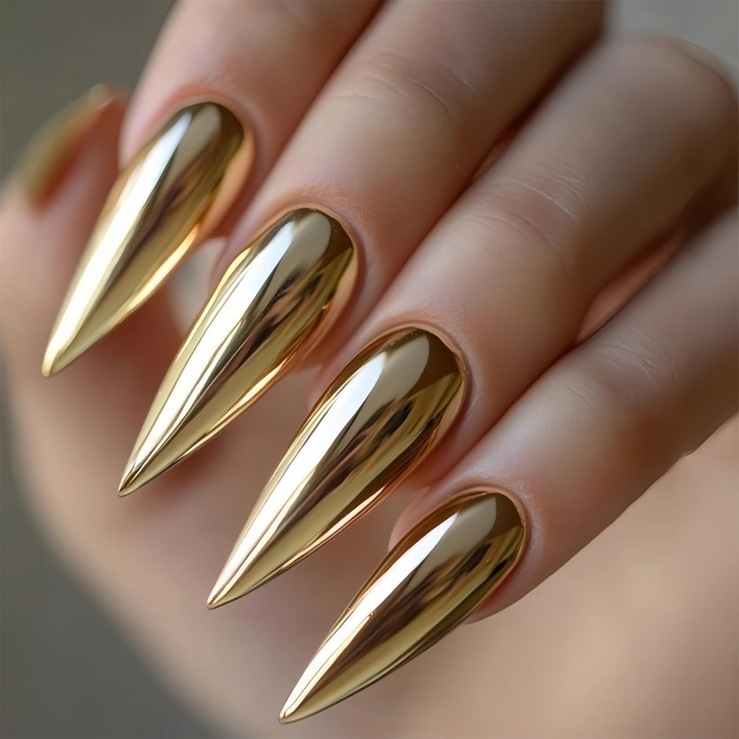 SINHOT Stiletto Press on Nails Long - Long Fake Nails, Glossy Finish, Gold Metallic & Chrome, DIY Artificial False Nail Art - 24 Pcs Nail Kit with Glue