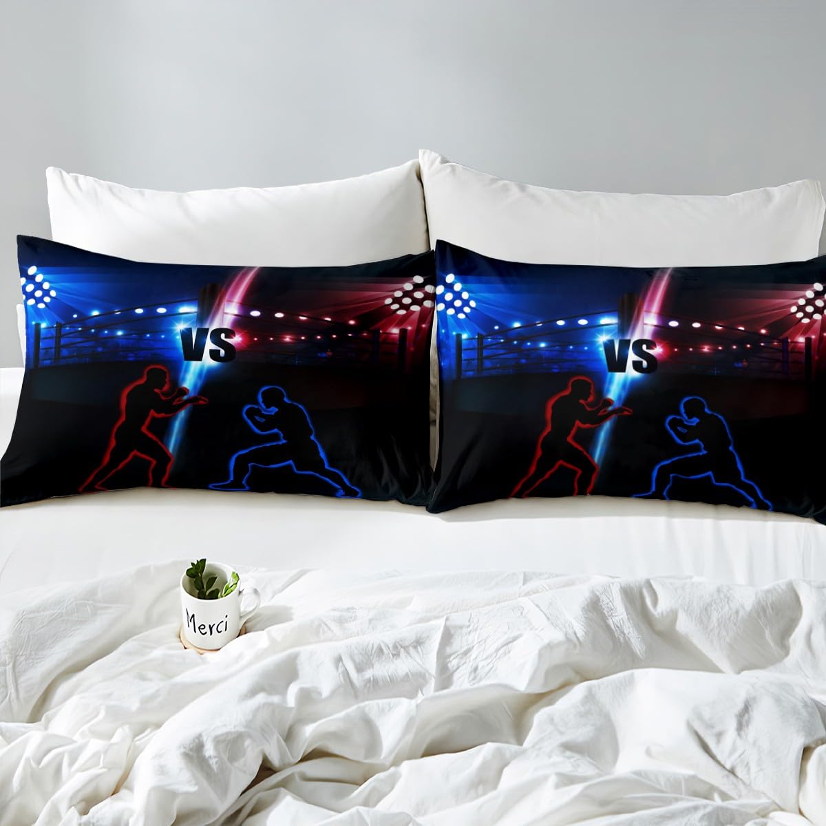 Manfei Wrestler Wrestling Fitted Sheet Twin Size, Young Men Sports Theme Bed Cover with 1 Pillowcase, Blue and Red Bedding Set 2pcs for Kids Teens Room Decor, Soft Polyester Bedding