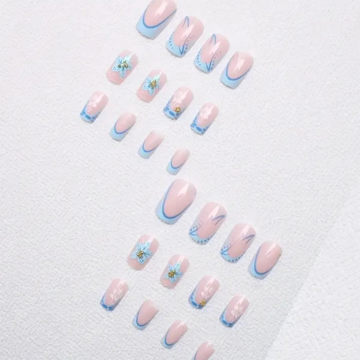 24Pcs Blue French Tip Press on Nails Short Square Fake Nails Glossy Design Full Cover Glue on Nails Gold Rhinestones Flower Artificial Nails Reusable Acrylic Stick on Nails for Women DIY Manicure
