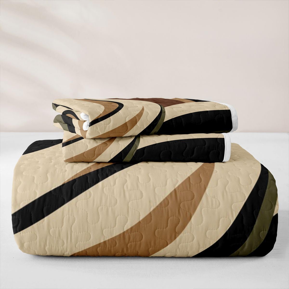 Erosebridal Green Brown Spiral Quilt Set for Adult Women Men Modern Swirls Stripes Abstract Quilt Twin Size for Minimalists Boho Coverlet Graffiti Art Lines Quilted Bedspread with 1 Pillowcase
