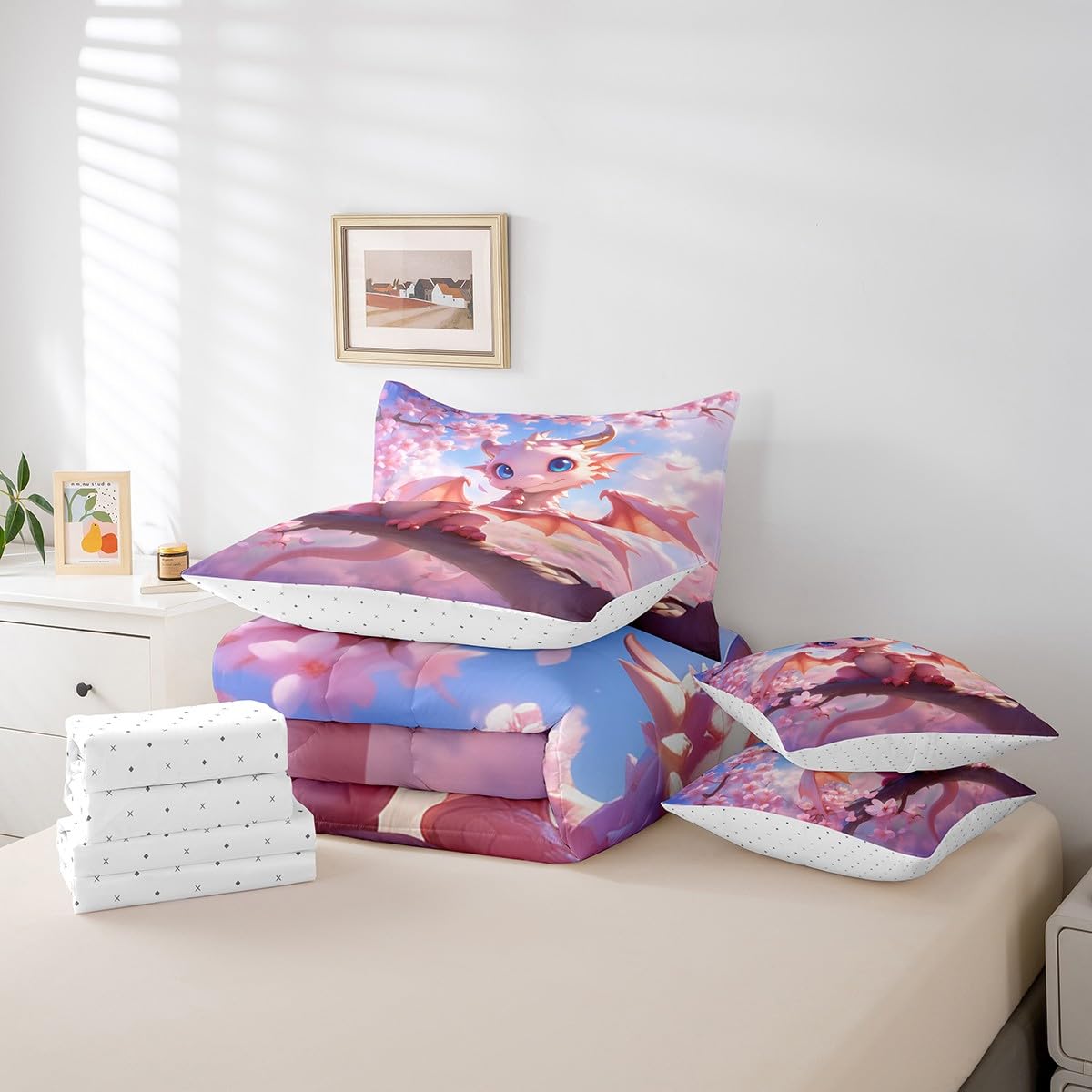7 Pieces Cartoon Dragon Comforter Set Queen,Pink Cherry Blossom Bed Set for Kids Boys Girls,Flower Botanical Bedding(1 Comforter,1 Fitted Sheet,1 Flat Sheet,2 Pillowcases,2 Throw Pillow Cover)