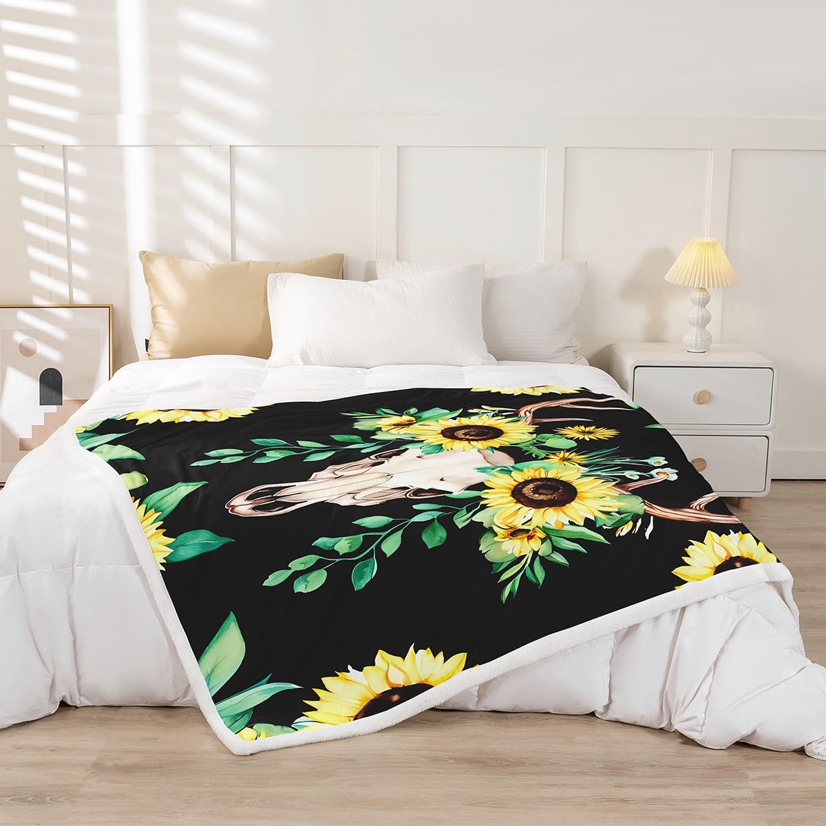 Feelyou Cow Sunflower Sherpa Throw Blanket Yellow Flower Fleece Blankets and Throws Skull Skethon Fuzzy Blanket Botanical Floral Leaves Plush Blankets 50"x60"
