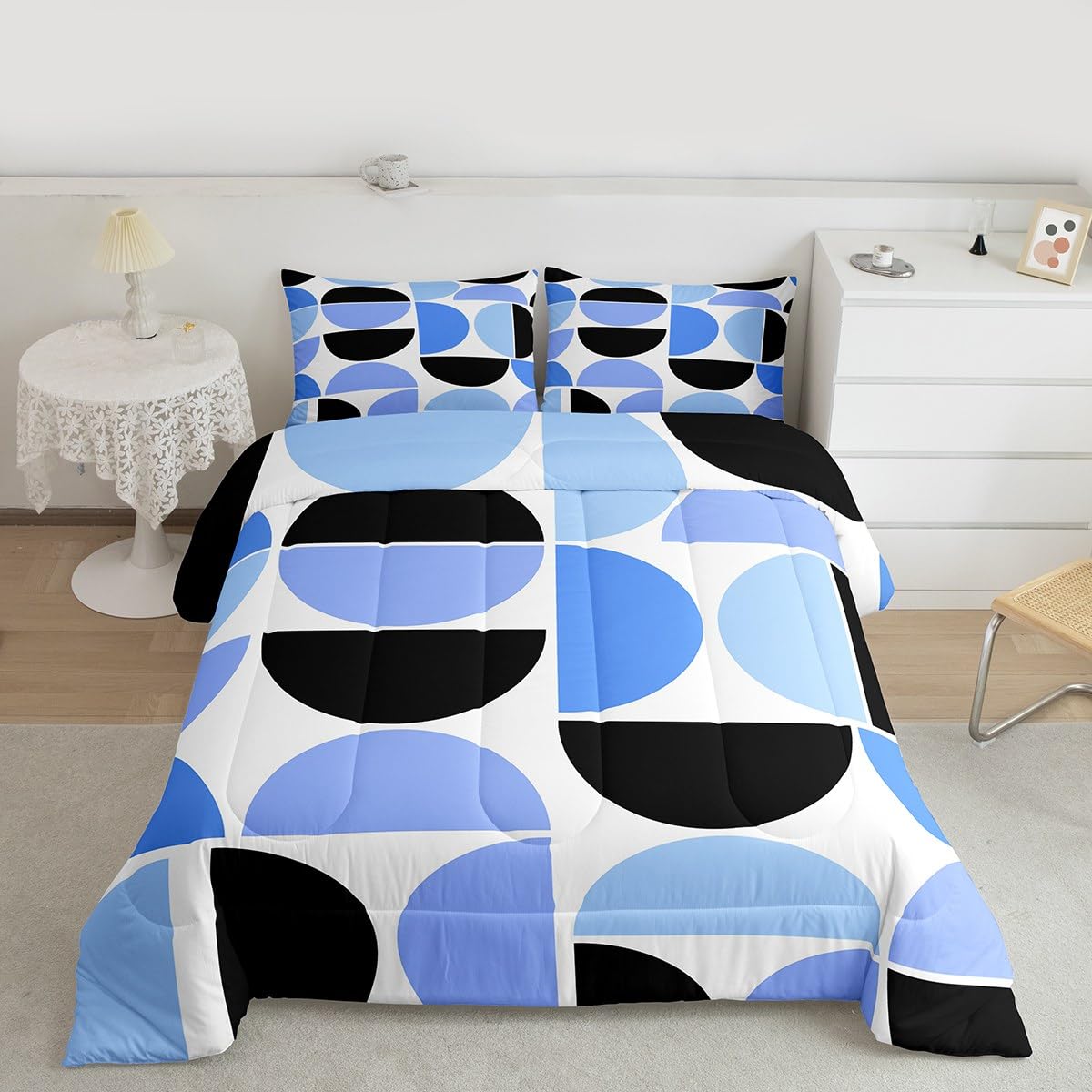 Erosebridal Blue and White Black Comforter Set Mid Century Bedding Set Queen Size,Modern Abstract Geometric Quilt for Kids Boys Girls Adults Retro Boho Art Down Comforter