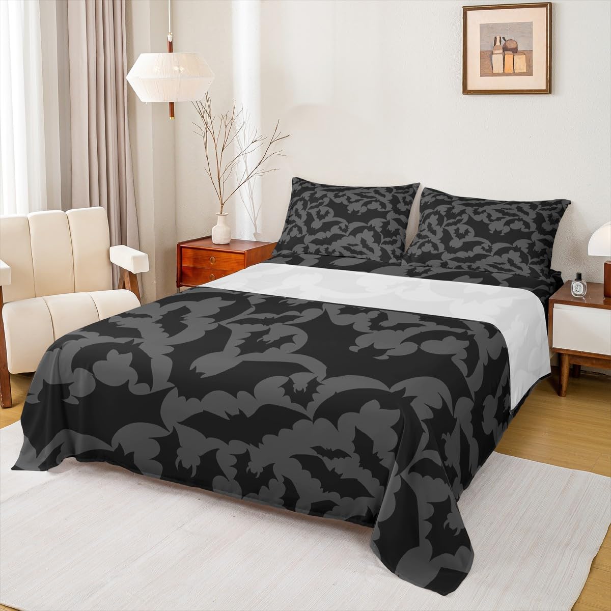 Castle Fairy Halloween Themed Bed Sheet Set for Boys Girls,Black Bats Animal Print Bed Sheet Set Full Size Bedding Set,Dark Grey Color Fitted Sheet and 1 Flat, 2 Pillow Sham