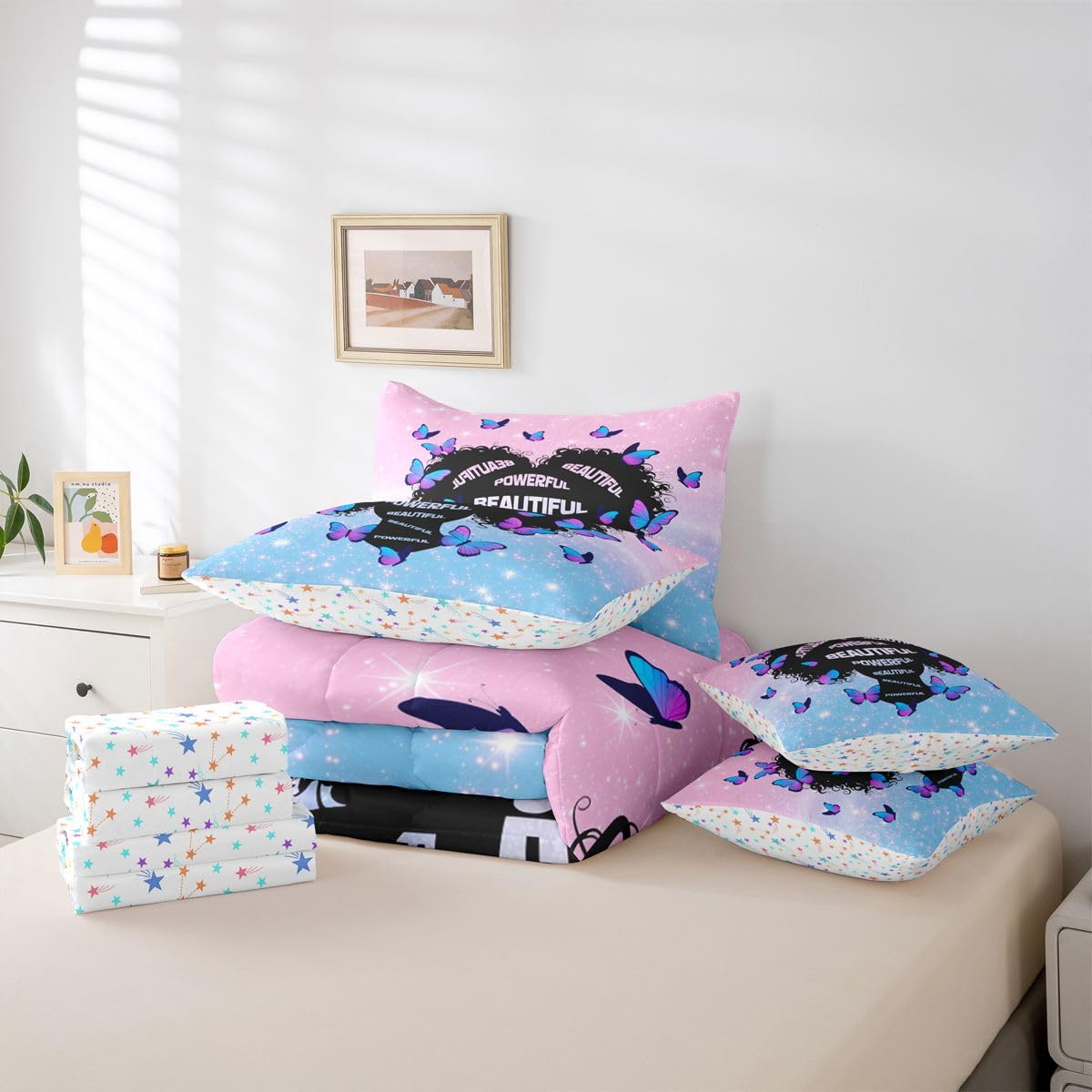 Erosebridal Black Girls Magic Queen Bedding Set Aesthetic Glitter Butterfly Comforter Set with Flat and Fitted Sheet Girl Women Empowering Words 7-Piece Bed in a Bag Blue Pink Gradient Quilt Sets