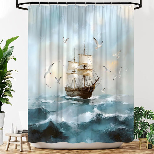 Pirate Ship Shower Curtain Vintage Nautical Sailboat Adventure Theme Sailing Sea Seascape Coastal Ocean Seagull Fabric Bathroom Decor Curtains with Hooks, 70" Wx70 H