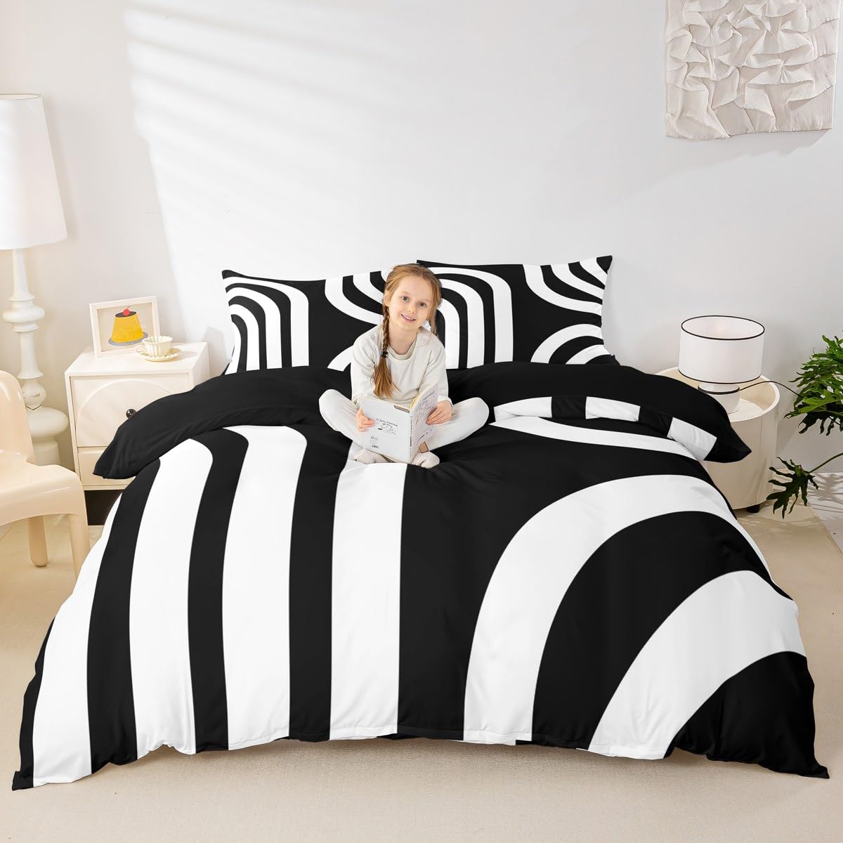 jejeloiu Black White Geometric Duvet Cover Kids Geometric Bedding Set King Size Abstract Art Comforter Cover for Women Men Room Decor Soft Microfiber Modern with 2 Pillow Case,No Comforter