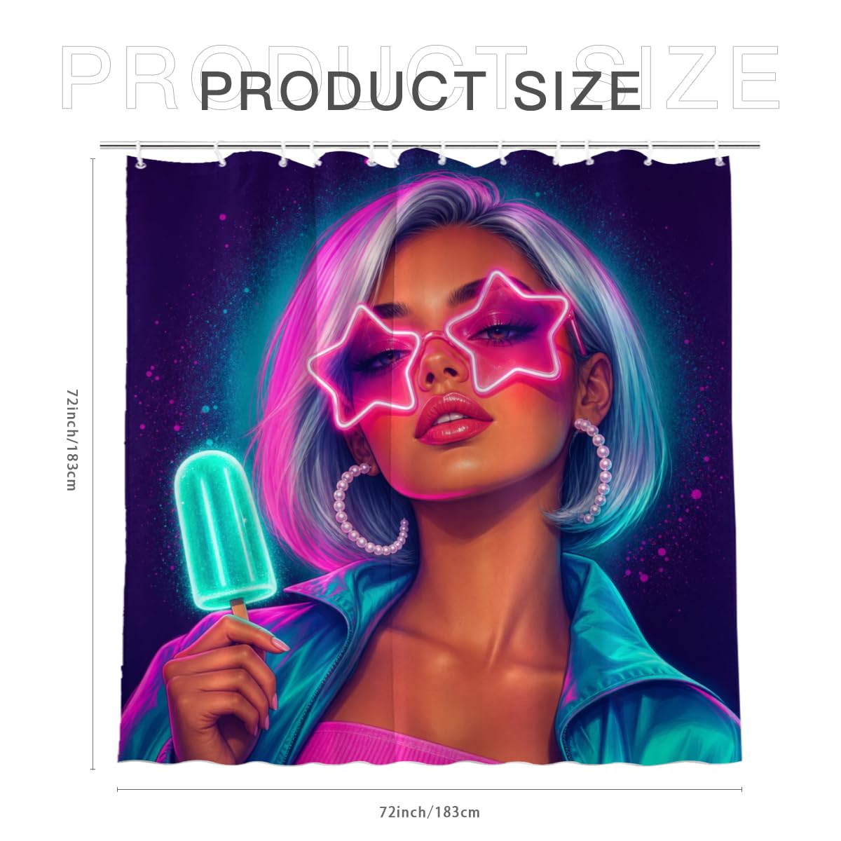 TopPacific Star Sunglasses Woman Shower Curtain 72x72 Inch Shower Curtain with 12 Hooks Polyester Woman Star Sunglasses Popsicle Purple Neon Background Bathroom Decor