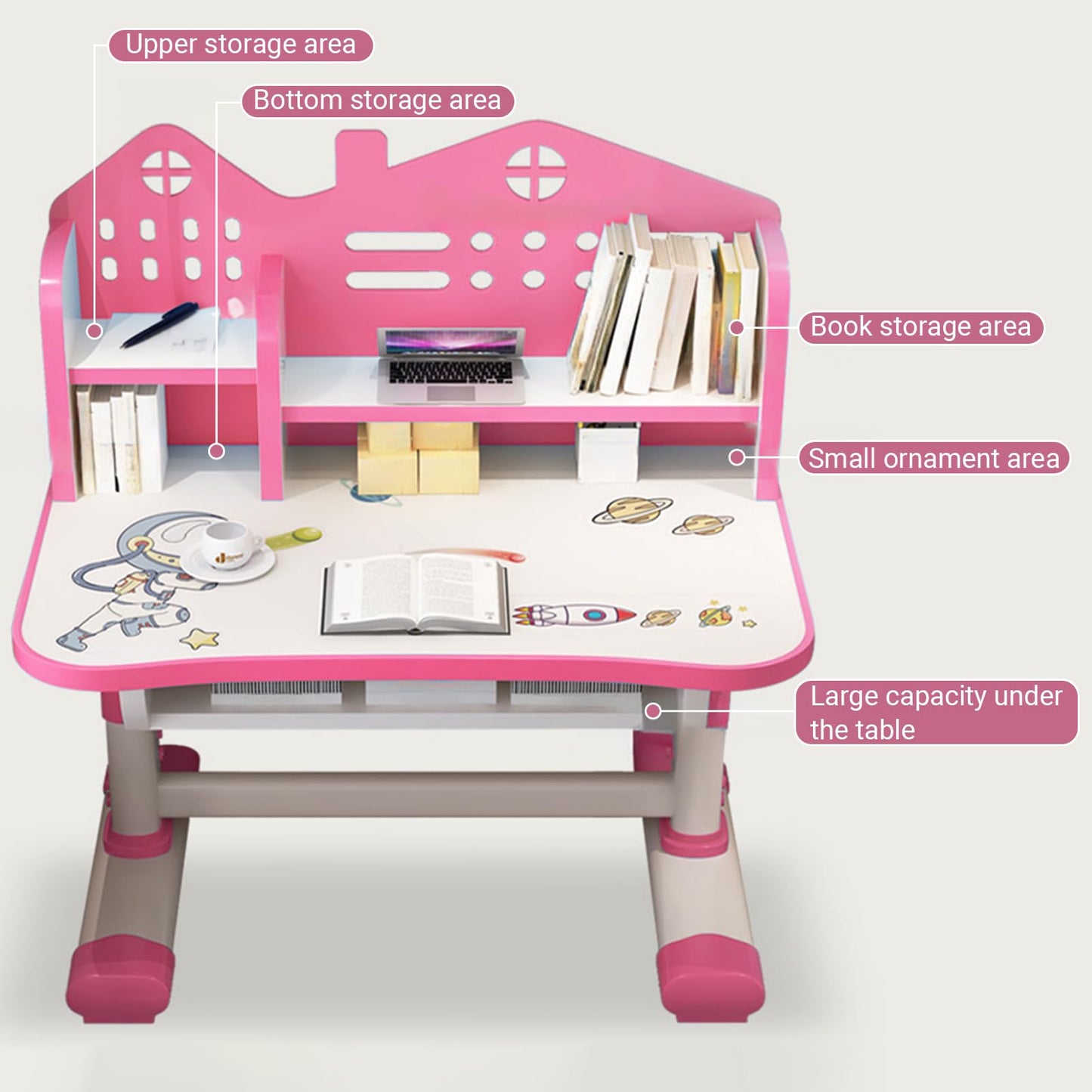 ZTGD Kids Adjustable Study Desk & Chair Set w/Storage,Drawers,Bookshelf,Child Toddler Writing Homework Table,Little Girl Work Computer Desk,Princess Preschool Table (Pink B)
