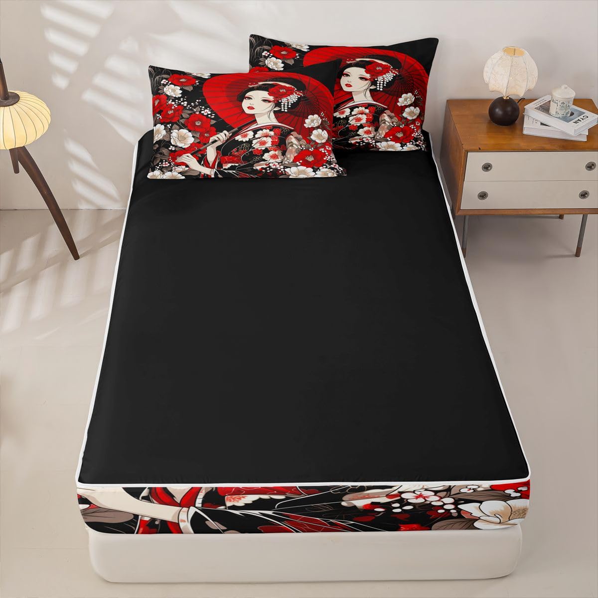 Erosebridal Japanese Zip Up Bedding Comforter Sets Twin Size, Geisha Comforter in One Zipper - Japan Women Bedding Set with Pillowcases