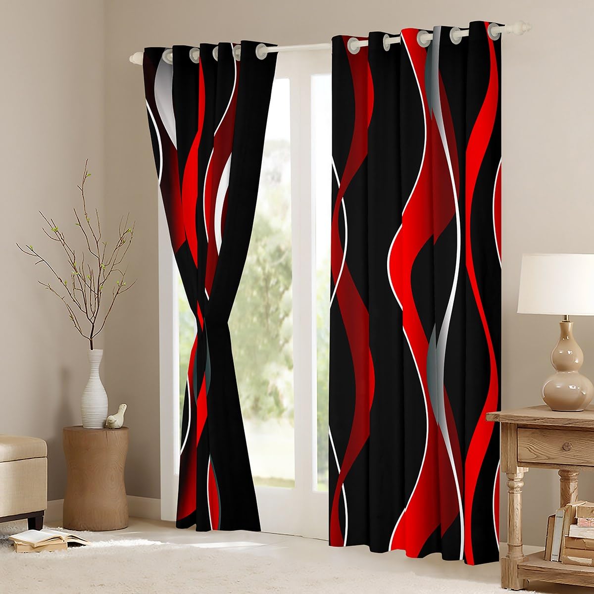 Feelyou Red Grey Black Stripe Darkening Drapes Retro Stripe Swirl Blackout Curtain Boys Geometric Pastel Gradient Stripes Window Curtains Swirl Lines Window Treatments, 2 Panels 38 x 45 Inch