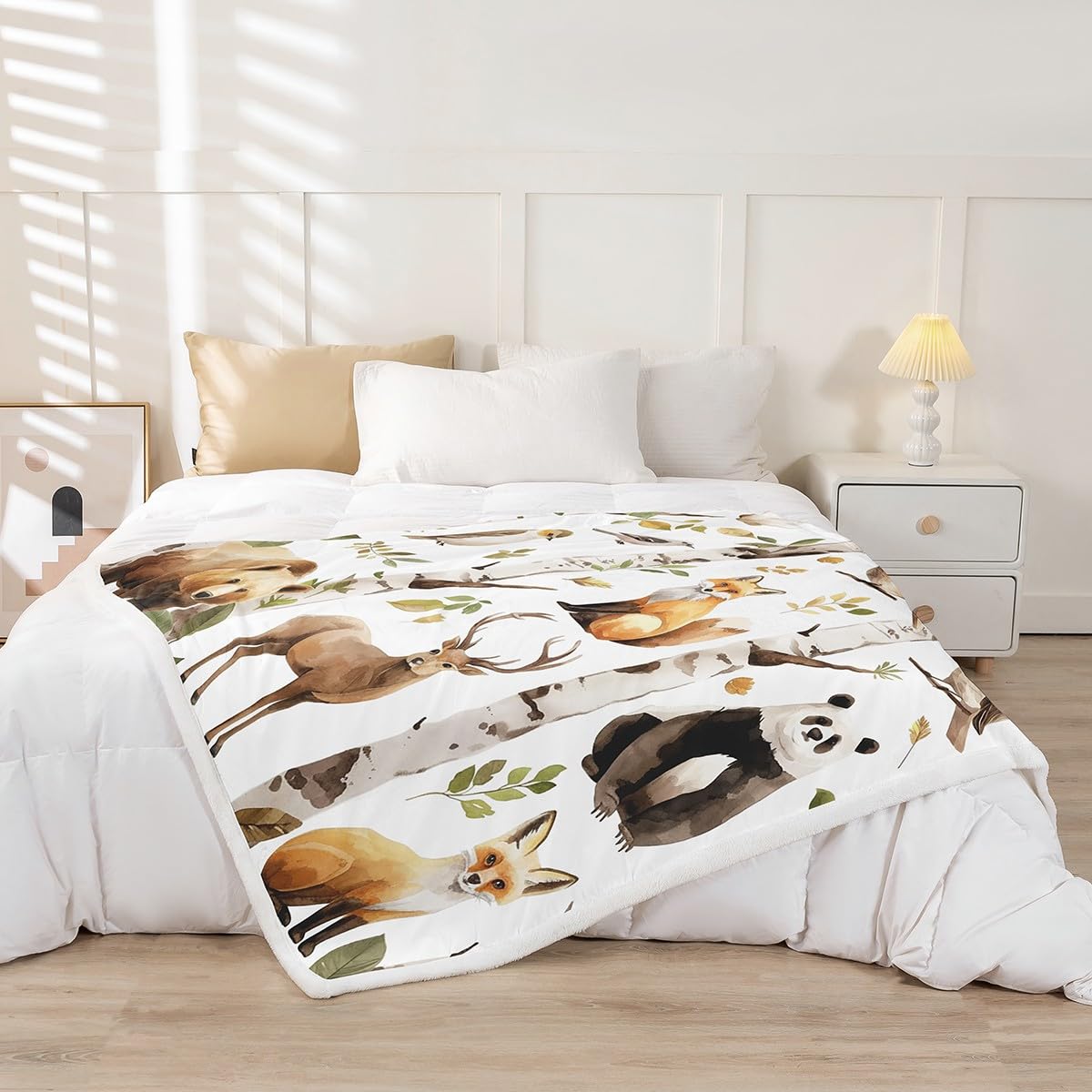 Erosebridal Woodland Animals Fleece Blanket Grizzly Bear Sherpa Blanket 90"x90", Deer Fox Panda Owl Silver Birch Tree Fuzzy Plush Throw