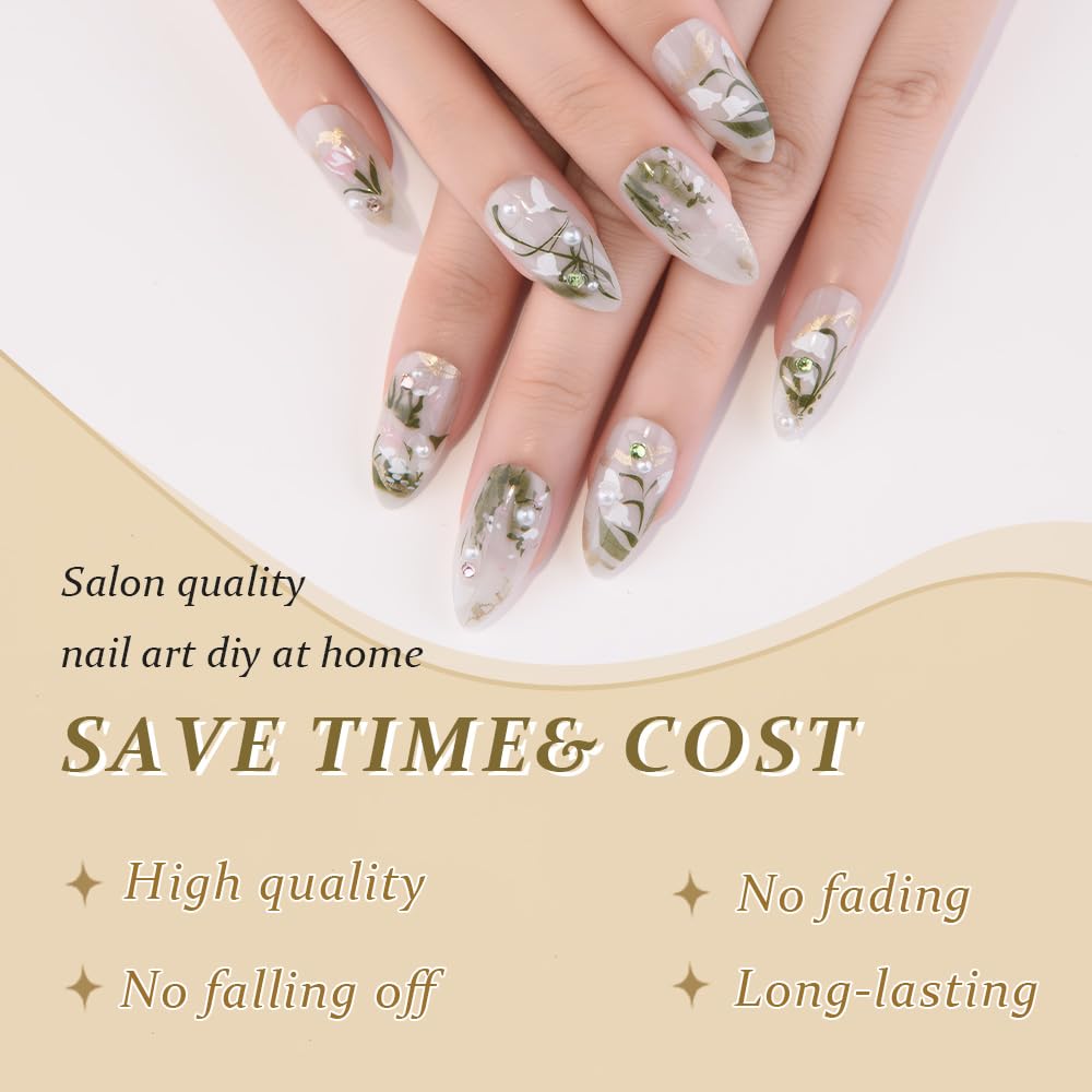 evpct 3D Light Green Handmade Press On Nails Almond Medium, 3D Water Plants Design Fake Nails Rusable for Spring & Summer Daily Wear, False Acrylic Nail with Kits Press ons Nail for Women Gift, 24Pcs