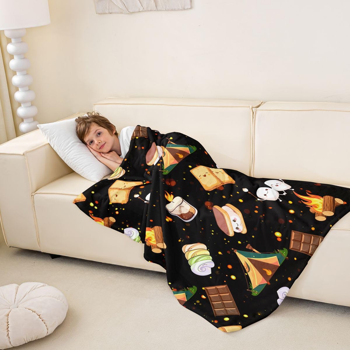 Feelyou Cute Marshmallow Plush Throw Blanket, 40"x50" Kids Cute S'Mores Cookie Flannel Fleece Blanket for Boys Teens Happy Camping All Season,Bed Blanket Outdoor Adventure Room Decor