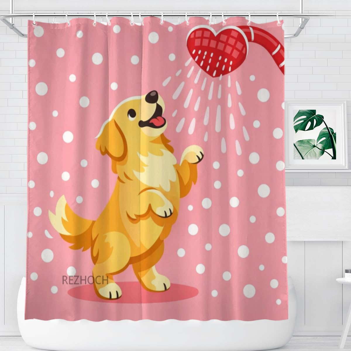 REZHOCH Cute Golden Retriever Shower Curtain 72x72Inch,Fun Animal Pink Home Farm Bathroom Decor,Heart Showerhead Cartoon Dog Waterproof Fabric Kids Girls Farmhouse Bath Set with Hooks