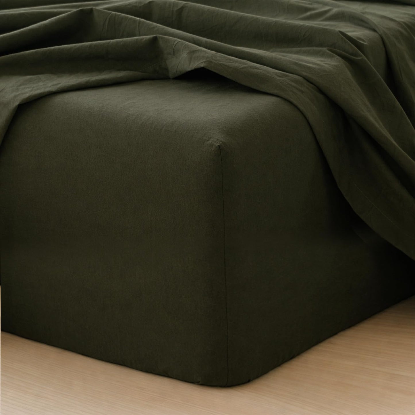 MooMee Fitted Bottom Sheet Only 100% Washed Cotton Linen Like Textured Breathable Durable Soft Comfy Deep Pocket Fits Mattress up to 17" (Olive Green, Queen)