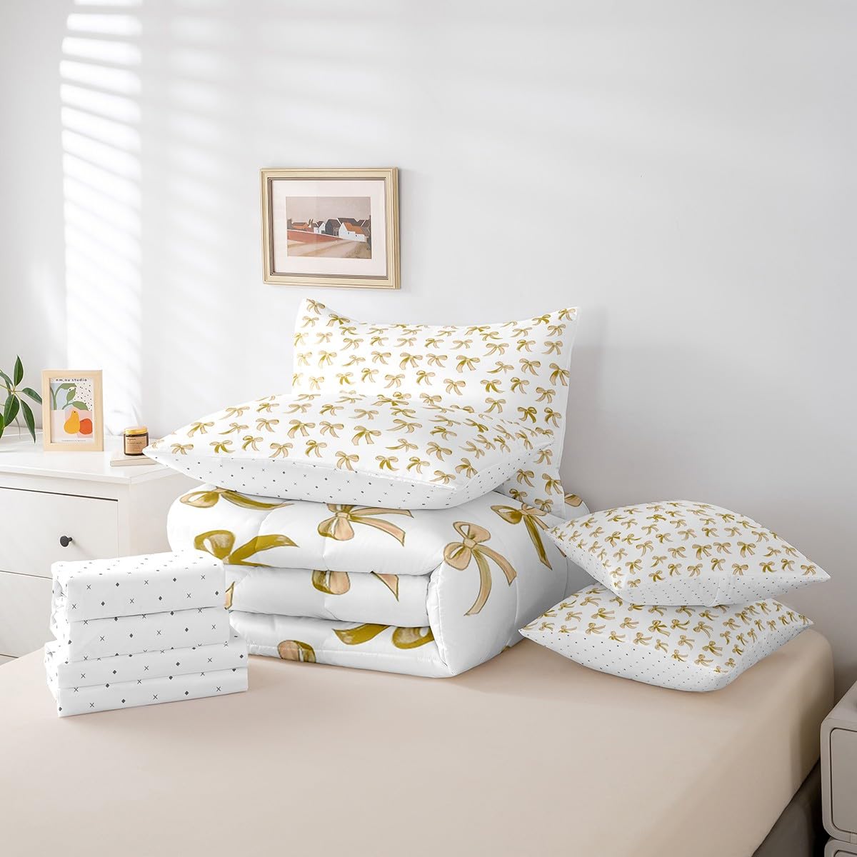 Erosebridal Yellow Bowknot Twin Comforter Set Bed in a Bag, Kawaii Dreamy Ribbon Reversible Bedding Sets for Kids Girls, Cartoon Bow Tie Printed Bedding Accessories for Bed, Cute Girly Bed Sheets Set