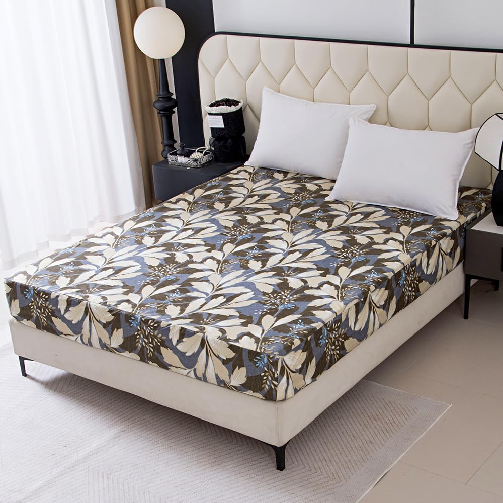 NATURETY Bedding Fitted Sheet with Deep Pocket,Leaf Designs Printed Thicken Fabric Bed Sheets (Gray Leafs, Twin)