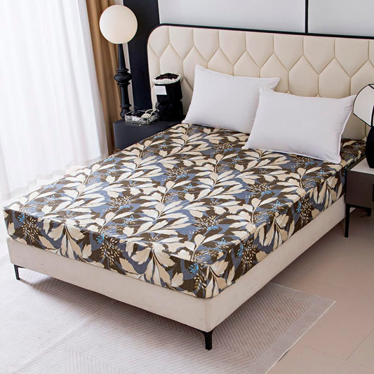 NATURETY Bedding Fitted Sheet with Deep Pocket,Leaf Designs Printed Thicken Fabric Bed Sheets (Gray Leafs, Queen)