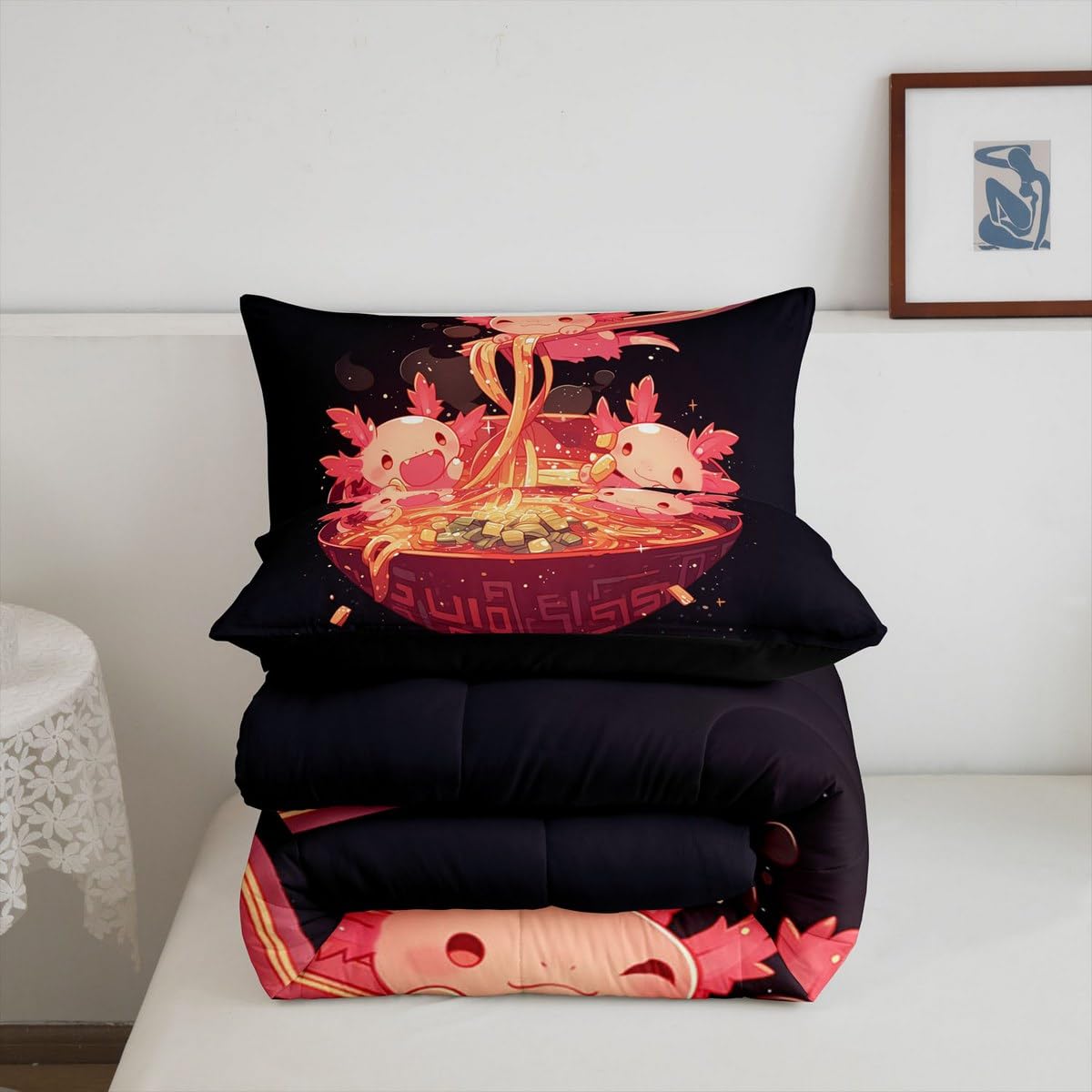 Erosebridal Axolotl and Ramen Bedding Set Queen,Ramen Noodle Comforter Set for Kids Boys Girls,Japanese Food Quilt Bed Set Funny Axolotl Print Bedding Comforter Sets with 2 Pillowcases Room Decor