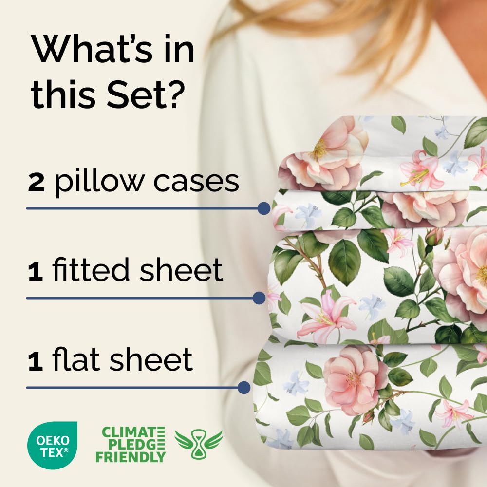 Floral Sheets - Pink Floral Rose Bed Sheet Set - 1 Flat, 1 Fitted & 2 Pillowcases w/ Deep Pockets - Comfy, Wrinkle & Fade Free Boho Botanical Bedding - Ultra-Soft, Breathable & Cooling - Full Size New