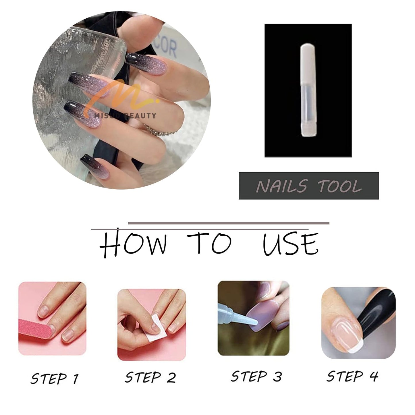 MISUD Press on Nails - Long Coffin Glue on Nails with Goth Black Purple, Acrylic Bling Glitter Design 24 pcs