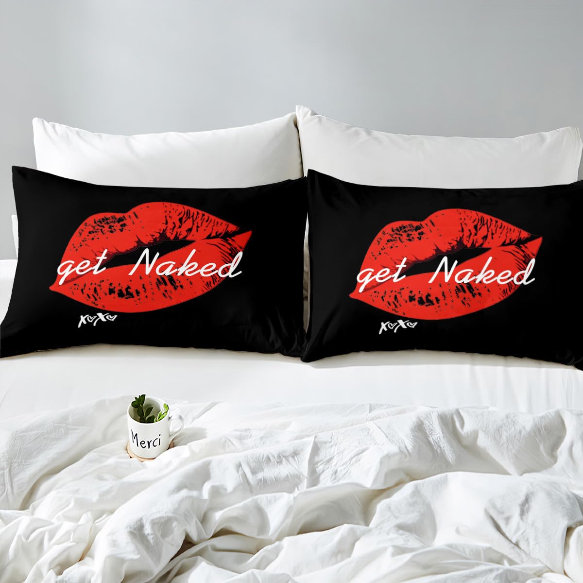 Feelyou Sexy Red Lips Bedding Set Get Naked Comforter Cover for Couple Lover Men Women Funny Quotes Duvet Cover Modern Fashion Stylish Black Red White Bed Set Room Decor Quilt King Size (No Comforter)