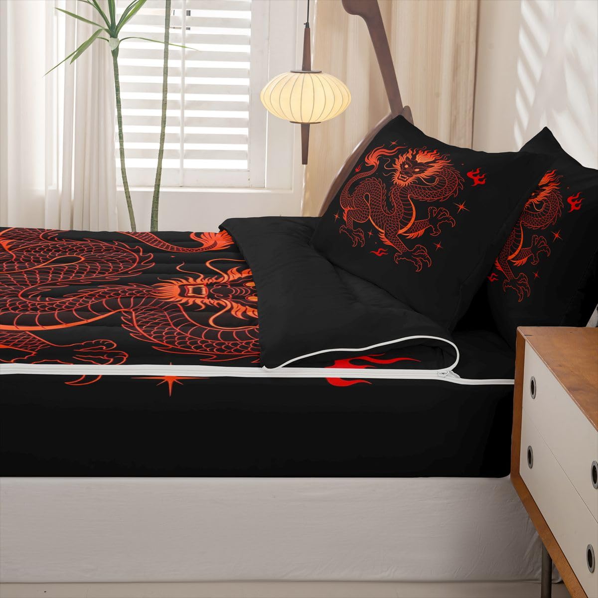 Erosebridal Japanese Style Dragon Kids Twin Zipper Bedding Set Red Black Comforter Set with Fitted Sheet for Boys Girls Teen Exotic Animal 3 Pcs Bed in a Bag Set Vintage Wildlife Zip Up Bedding Sets