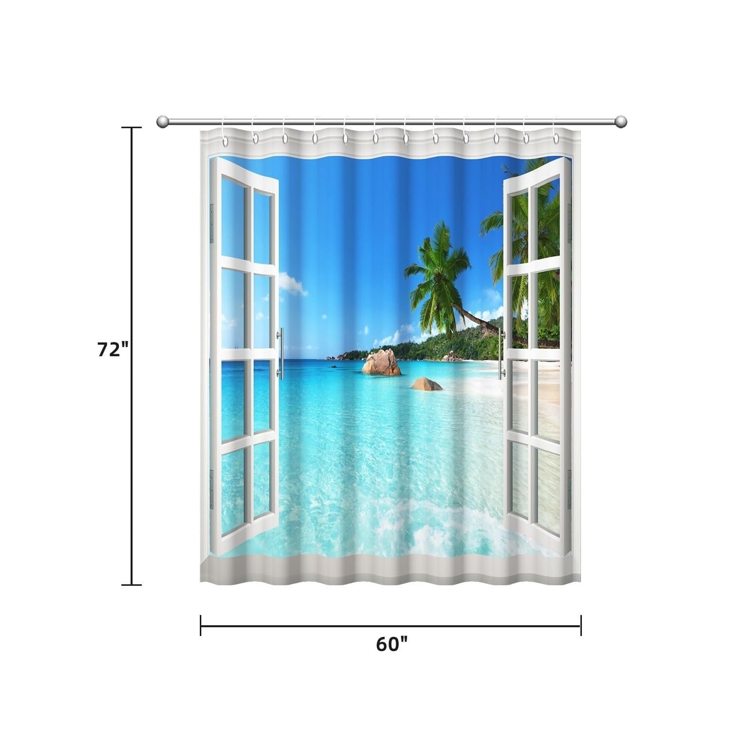 Yeele Ocean Beach Fake Window Shower Curtain, Tropical Seascape Bathroom Decor, Machine Washable Decorative Bath Curtain 60x72 Inch with Hooks