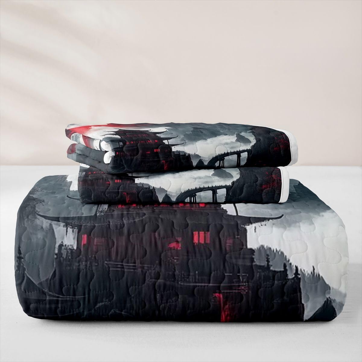 Erosebridal Japanese Anime Twin Quilt Bedding Set Moon Cherry Blossom Summer Lightweight Bedspread Vintage Nature Mountain Coverlet for Kids Adults Red Black Quilted Comforter 2 Pieces