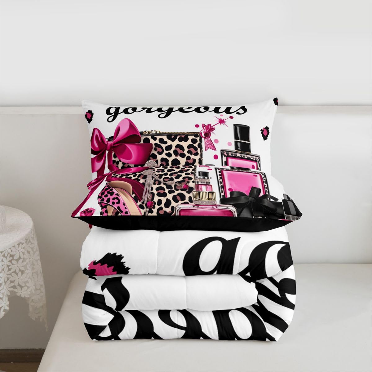 Erosebridal Black and Pink Leopard Print King Bedding Set | Fashion Modern Girly Comforter Set Bow Perfume High Heels Bed Collections Trendy Stylish Girls Duvet Quilt Sets