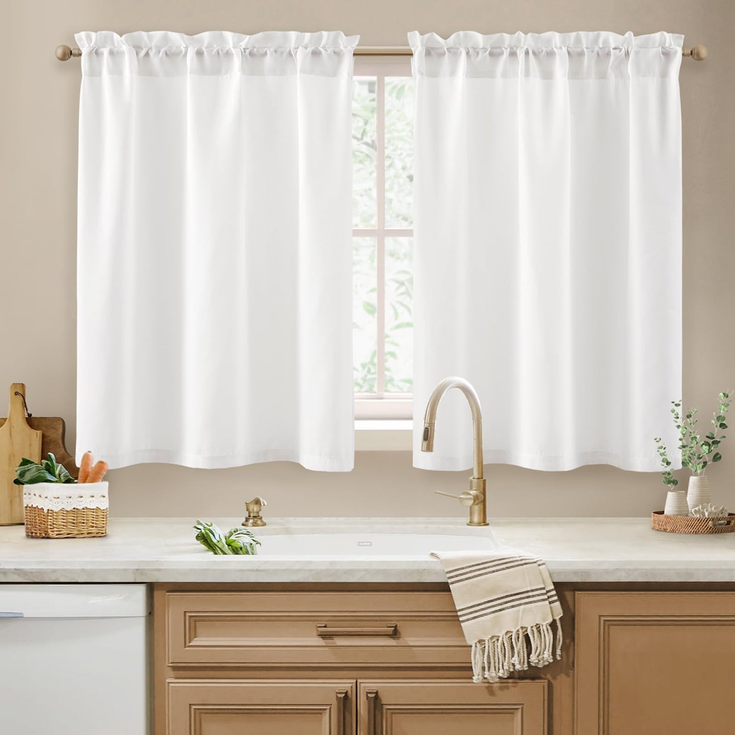 HOMEIDEAS Non-See-Through White Privacy Sheer Kitchen Curtains 36 Inches Long 2 Panels Set Light Filtering Short Tier Curtains for Living Room Bedroom Cafe Window Drapes W30xL36
