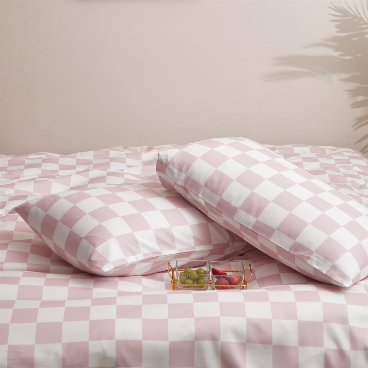 CLOTHKNOW Pink White Grid Queen Duvet Cover Set Plaid Bedding Sets Checkerboard Bedding Duvet Cover Sets Soft Pink Duvet Cover with 2 x Pillow Cases