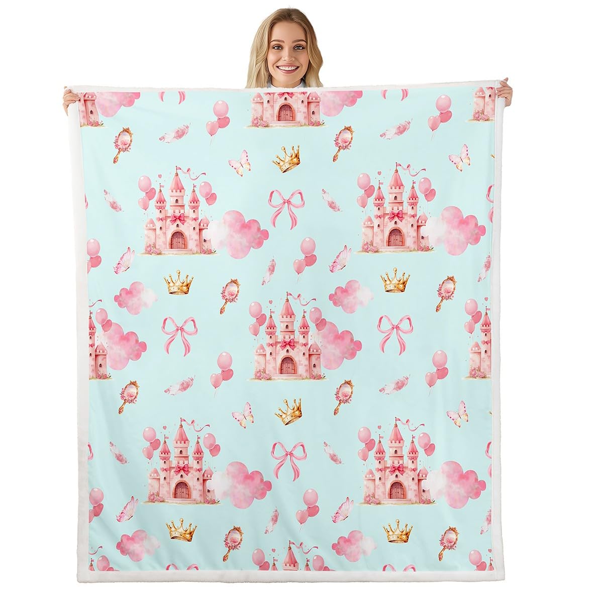 Feelyou Girls Princess Sherpa Throw Blanket for Couch Bowknot Super Soft Cozy Fleece Bow Tie Blanket for Winter, Plush Throw Castle 40"x50" All Season