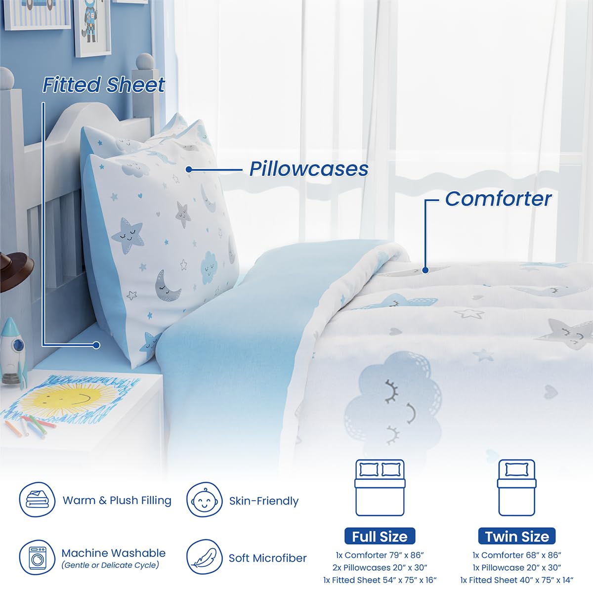 SANDJEST Star and Moon Comforter Set Twin Size 68x86in for Kids Boys Girls Unisex, Microfiber 3 Pcs Bedding Set Includes 1 Comforter, 1 Pillowcase, 1 Fitted Sheet, Nursery Room Decor