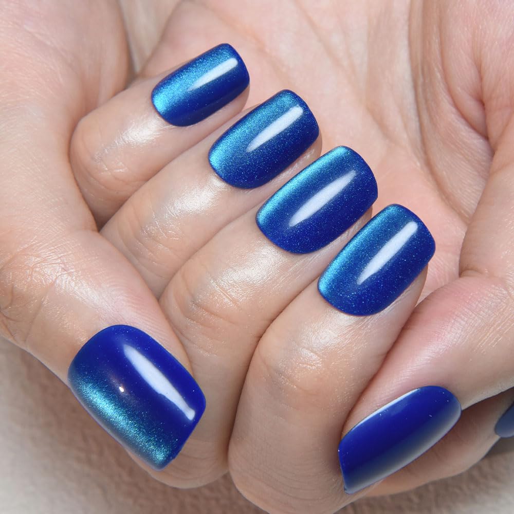 evpct Blue Cat Eye Extra Short Square No Glue Press on Nails, Petite Short Square Stick on Nails for Women Gift, Blue Glossy Glitter Fake Nail Reusable, Soft Press on Acrylic False Nail with Designs