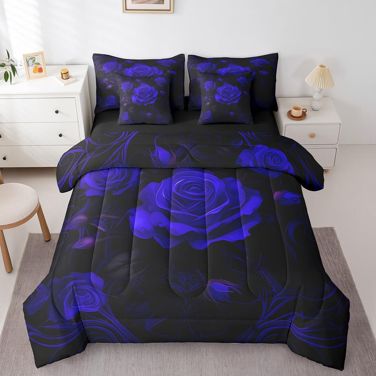 Erosebridal Blue Roses Bedding Set,Romantic Valentine's Day Bed in A Bag Couple Wedding Queen Comforter Set 7 Piece for Men Women Adults,Blooming Flower Sheet Set with Comforter