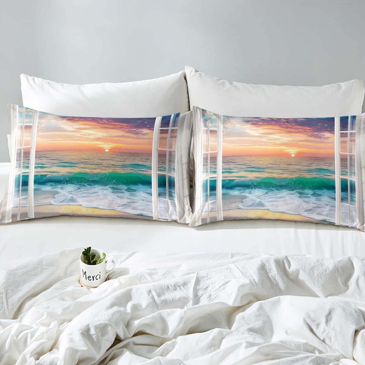 jejeloiu Beach Theme Fitted Sheet Full Size Kids Summer Ocean Wave Pattern Bed Sheets Set for Boys Girls Teens Sea Marine Coastal Natural Scenery Bedding Set Room Decor