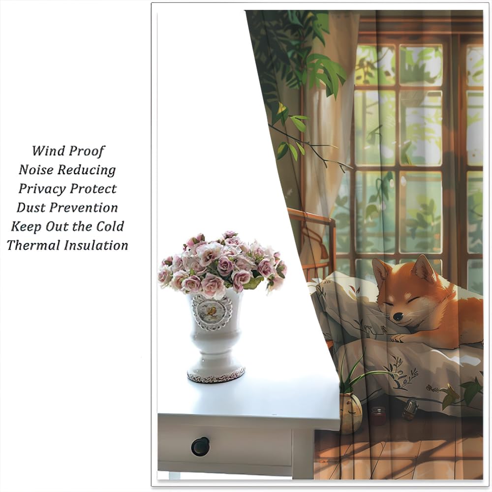 SOPIYRIO Cartoon Cute Dog Blackout Window Curtains Farmhouse Sleeping Animal Leaf Rod Pocket Curtains for Bedroom Thermal Insulating Drapes for Living Room 2 Panels 21 W x 45 L inch