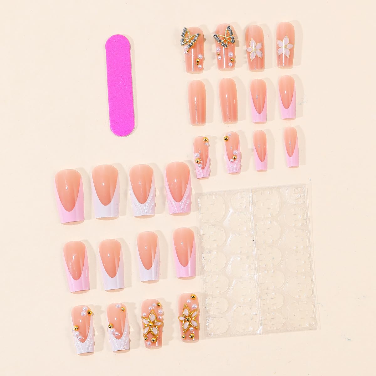 plalely Press on Nails Square Medium Gold Embossed Flowers Acrylic Press on French Tip Nails with 3D Charms Design Square Nail Press Ons for Women 24pcs