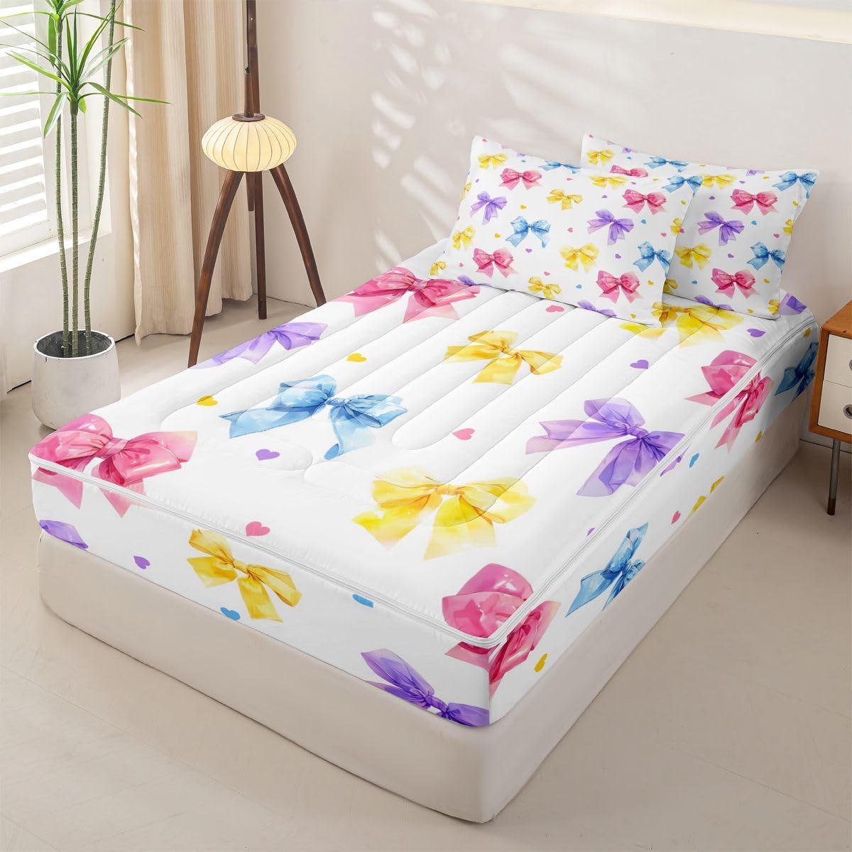 Feelyou Bow Zipper Bedding Queen Bowknot Comforter Set with Fitted Sheet and Pillowcases Kids Boys Girls Kawaii Zipper Bedding Sets Heat Love Bedroom Decor Cute Bow Gilfts