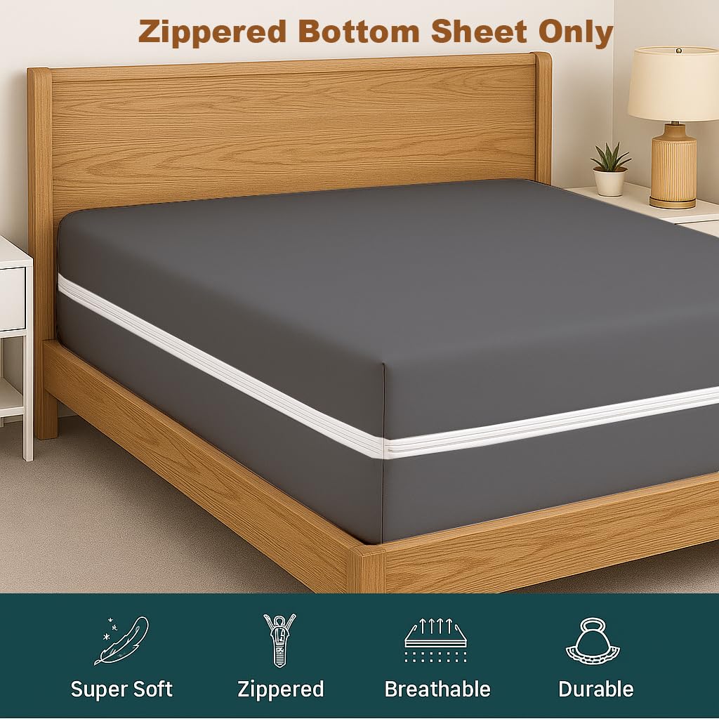 Mattress-Homes Zippered Fitted Sheet, Full Size, 10" Deep Pocket Mattress Encasement Bottom Cover with Zipper, Hotel Quality Brushed Microfiber, Soft, Wrinkle-Free, Dark Grey Solid