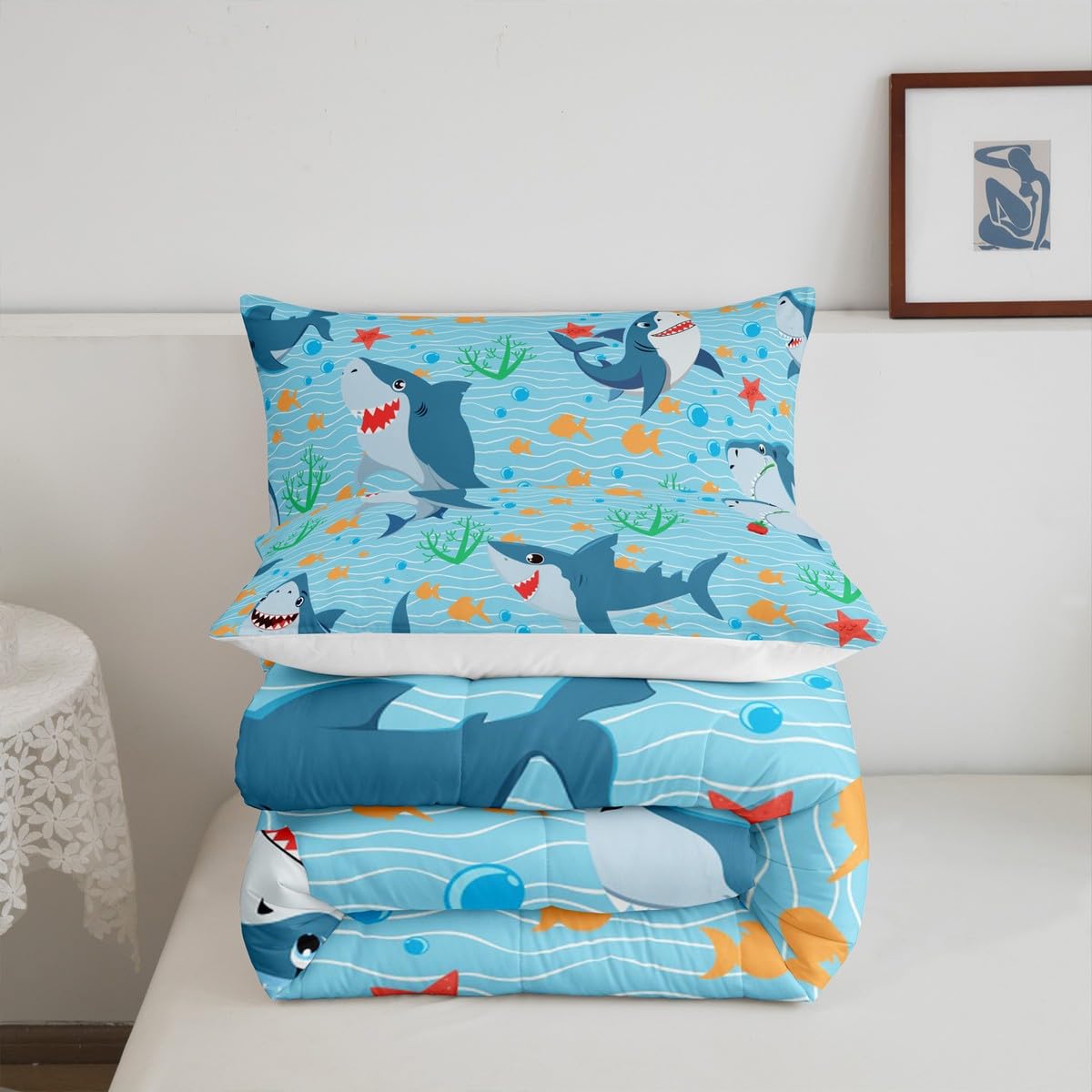 Cute Shark Comforter Set Twin Size,Fish Coral Bedding Set 2pcs for Kids Teens Boys Girls Room Decor,Mysterious Under Sea Animals Plants Themed Quilt Set Cartoon Blue Duvet Insert with 1 Pillowcase